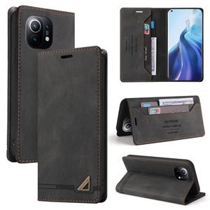 huismerk Voor Xiaomi MI 11 Skin Feel Anti-Diefstal Borstel Horizontale Flip Leren Case Met Houder & Card Slots & Portemonnee (Zwart)