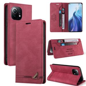 huismerk Voor Xiaomi Mi 11 Skin Feel Anti-Diefstal Borstel Horizontale Flip Leren Case Met Houder & Card Slots & Portemonnee (Wijnrood)