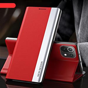 huismerk Voor Xiaomi Mi 11 side gegalvaniseerde magnetische ultradunne horizontale flip lederen case met houder (rood)