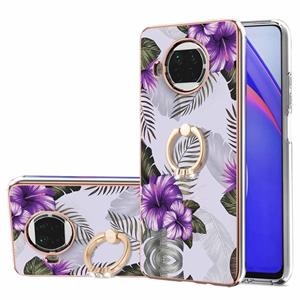 huismerk Voor Xiaomi MI 10T Lite 5G Electroplating Pattern IMD TPU Shockproof Case met Rhinestone Ringhouder (Purple Flower)