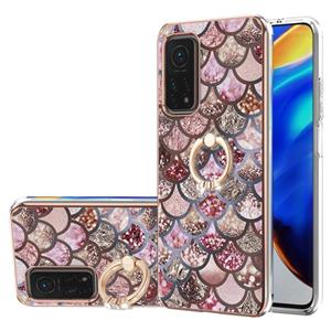 huismerk Voor Xiaomi MI 10T 5G / 10T PRO 5G Galvaniseren Patroon IMD TPU Shockproof Case met Rhinestone Ringhouder (roze schalen)