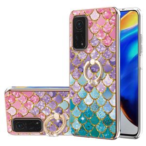 huismerk Voor Xiaomi MI 10T 5G / 10T PRO 5G Electroplating Patroon IMD TPU Shockproof Case met Rhinestone Ringhouder (kleurrijke schalen)