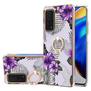 huismerk Voor Xiaomi MI 10T 5G / 10T PRO 5G Electroplating Patroon IMD TPU Schokbestendig Case met Rhinestone Ringhouder (Purple Flower)