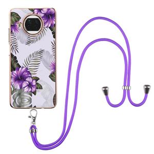 huismerk Voor Xiaomi MI 10T Lite 5G Electroplating Pattern IMD TPU Shockproof Case met Neck Lanyard (Purple Flower)