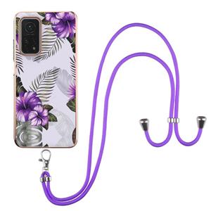 huismerk Voor Xiaomi MI 10T 5G / 10T PRO 5G Electroplating Pattern IMD TPU Schokbestendig Case met Neck Lanyard (Purple Flower)