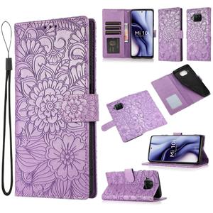 huismerk Voor Xiaomi MI 10T Lite 5G Huid Feel Reliëf Zonnebloem Horizontale Flip Leren Case Met Houder & Card Slots & Wallet & Lanyard (Purple)