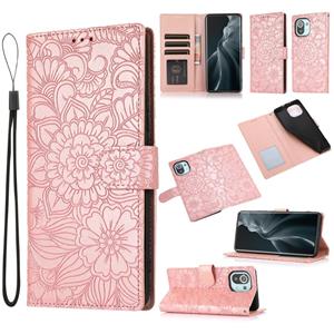 huismerk Voor Xiaomi MI 11 Skin Feel In reliëf Zonnebloem Horizontale Flip Lederen Case Met Houder & Card Slots & Wallet & Lanyard (Rose Gold)