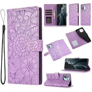 huismerk Voor Xiaomi Mi 11 Skin Feel reliëf Zonnebloem Horizontale Flip Leren Case Met Houder & Card Slots & Wallet & Lanyard (Purple)