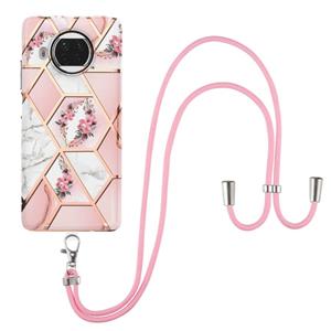 huismerk Voor Xiaomi MI 10T Lite 5G Electroplating Splicing Marmeren Bloempatroon TPU Shockproof Case met Lanyard (Pink Flower)