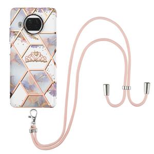 huismerk Voor Xiaomi MI 10T Lite 5G Electroplating Splicing Marmeren Bloempatroon TPU Schokbestendig Case met Lanyard (Blue Flower)