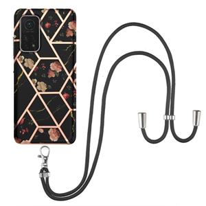 huismerk Voor Xiaomi MI 10T 5G / 10T PRO 5G Electroplating Splicing Marmeren Bloempatroon TPU Schokbestendig Case met Lanyard (Black Flower)