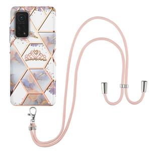 huismerk Voor Xiaomi MI 10T 5G / 10T Pro 5G Electroplating Splicing Marmeren Bloem Patroon TPU Schokbestendig Case met Lanyard (Imperial Crown)