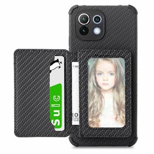 huismerk Voor Xiaomi Mi 11 Lite Carbon Fiber Magnetic Card Tas TPU + PU Schokbestendig Back Cover Case met Houder & Card Slot & Fotolijst