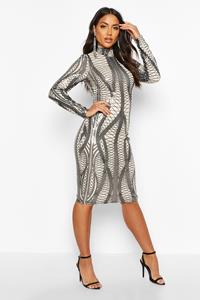 Boohoo Mesh Midi Jurk Met Pailletten, Hoge Kraag En Lange Mouwen, Black