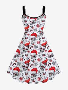 Rosegal Plus Size Skulls Christmas Hat Snowflake Printed Sleeveless A Line Dress
