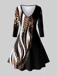 Rosegal Plus Size Leopard Colorblock A Line Long Sleeve Dress