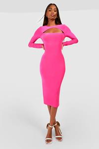 Boohoo Strakke Dikke Premium Cut Out Midi Jurk Met Lange Mouwen, Hot Pink