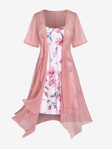 Rosegal Plus Size Curve Solid Color Blouse and 3D Flower Print Spaghetti Strap Dress