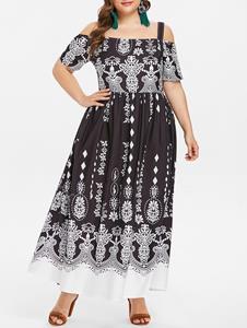 Rosegal Cold Shoulder Plus Size Ethnic Print Maxi Dress