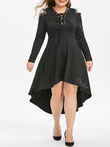Rosegal Plus Size Grommet Lace Up Cold Shoulder High Low Dress