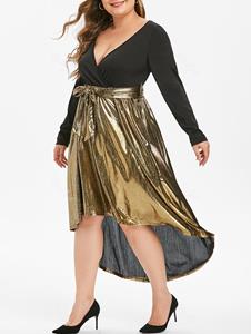 Rosegal Long Sleeve Gilded Shiny High Low Plus Size Surplice Dress