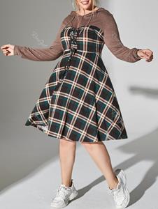 Rosegal Plus Size Plaid Hooded Lace-up Long Sleeve Dress