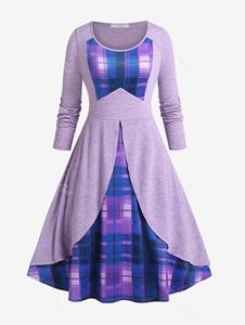 Rosegal Plus Size Overlay Plaid Midi Flare Dress