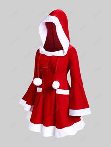 Rosegal Plus Size Two Tone Balls Flare Sleeves Hooded Christmas Mini Dress with Pockets