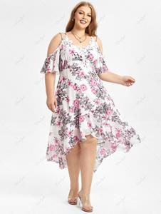 Rosegal Plus Size Floral Guipure Lace Applique Flounce High Low Open Shoulder Dress
