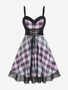Rosegal Plus Size Lace Up Panel Backless Plaid Vintage Sleeveless Dress with Mesh