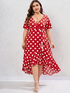 Rosegal Plus Size  Polka Dot Flounce High Low Surplice Dress