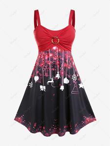 Rosegal Plus Size Christmas O-Ring 3D Sparkles Elk Snowflake Printed Backless Flare Dress