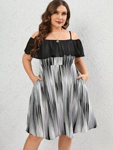 Rosegal Plus Size Pinstripes Printed Flounce Cold Shoulder A Line Dress
