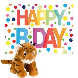 Wild Republic Pluche dieren knuffel tijger 20 cm met Happy Birthday wenskaart -