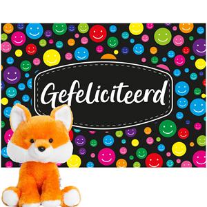Keel Toys oranje pluche Vos knuffel 14 cm met Gefeliciteerd A5 wenskaart -