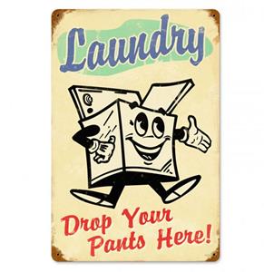 Fiftiesstore Laundry Drop Your Pants Here Zwaar Metalen Bord 44 x 29 cm