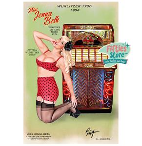 Fiftiesstore Wurlitzer 1700 Jukebox Pin-Up Miss Jenna Beth Zwaar Metalen Bord 44,5 x 29 cm