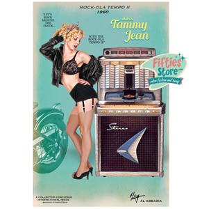 Fiftiesstore Rock-Ola Tempo II Jukebox Pin-Up Miss Tammy Jean Zwaar Metalen Bord 44,5 x 29 cm