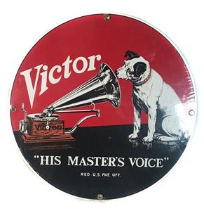 Fiftiesstore RCA Victor: His Master's Voice Emaille Bord - 29 cm ø - Ande Rooney 1990's