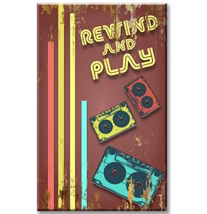 Fiftiesstore Rewind and Play Cassettebandjes Retro Stijl Houten Bord