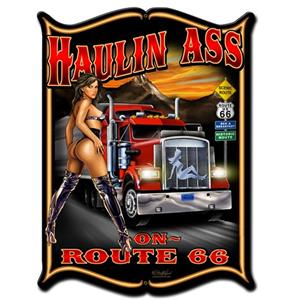 Fiftiesstore Haulin Ass On Route 66 Pin Up Zwaar Metalen Bord 48 x 35 cm