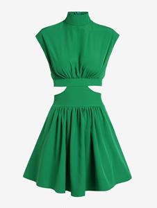Zaful Women's Sexy Solid Color Mock Neck Cap Sleeve Pleated Cut Out High Waist Mini Skater Dress