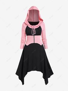 Rosegal Plus Size Hooded Cable Knit Panel Colorblock Midi Handkerchief Dress