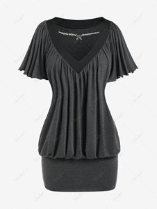 Rosegal Plus Size Flutter Sleeves Pleated Chains Blouson Mini Bodycon Dress