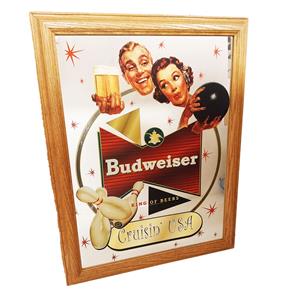 Fiftiesstore Budweiser Bier 'Bowling' Spiegel in Houten Frame