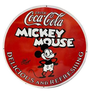 Fiftiesstore Coca-Cola Mickey Mouse Zwaar Emaille Bord 76 cm - Oudere Repro