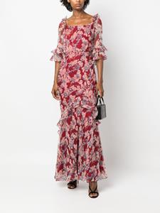 Saloni floral-print silk long dress - Rood