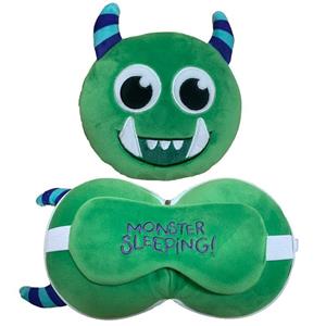 Groen monster knuffel/reiskussen/slaapmasker 3-in-1 voor kinderen
