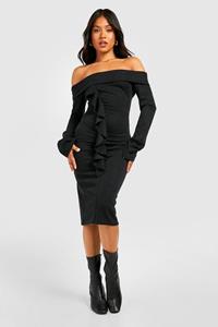 Boohoo Petite Off Shoulder Midi Jurk Met Ruches En Lange Mouwen, Black