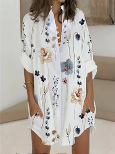 ZANZEA Women Floral Plant Print Half Button 3/4 Sleeve Longline Shirt